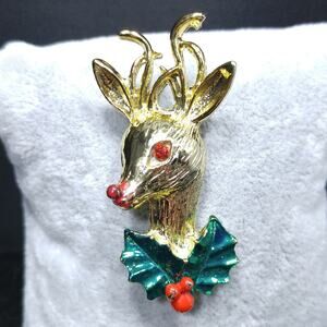 Vintage Rudolph Red Nose Reindeer Brooch, Enamel Holly, 1960s, 2 Inches